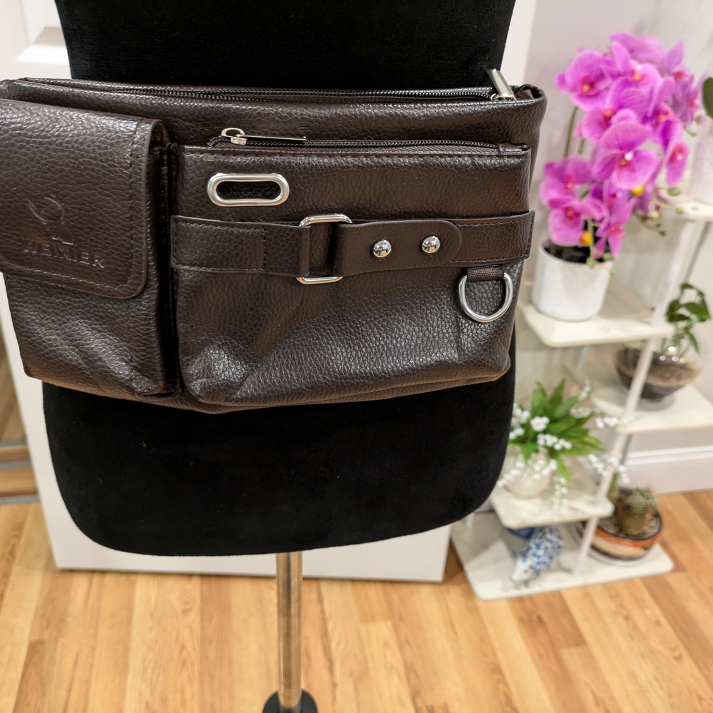 Men's Brown Leather Waist Bag Multiple Bag for Running, TracAdjustable Strap
